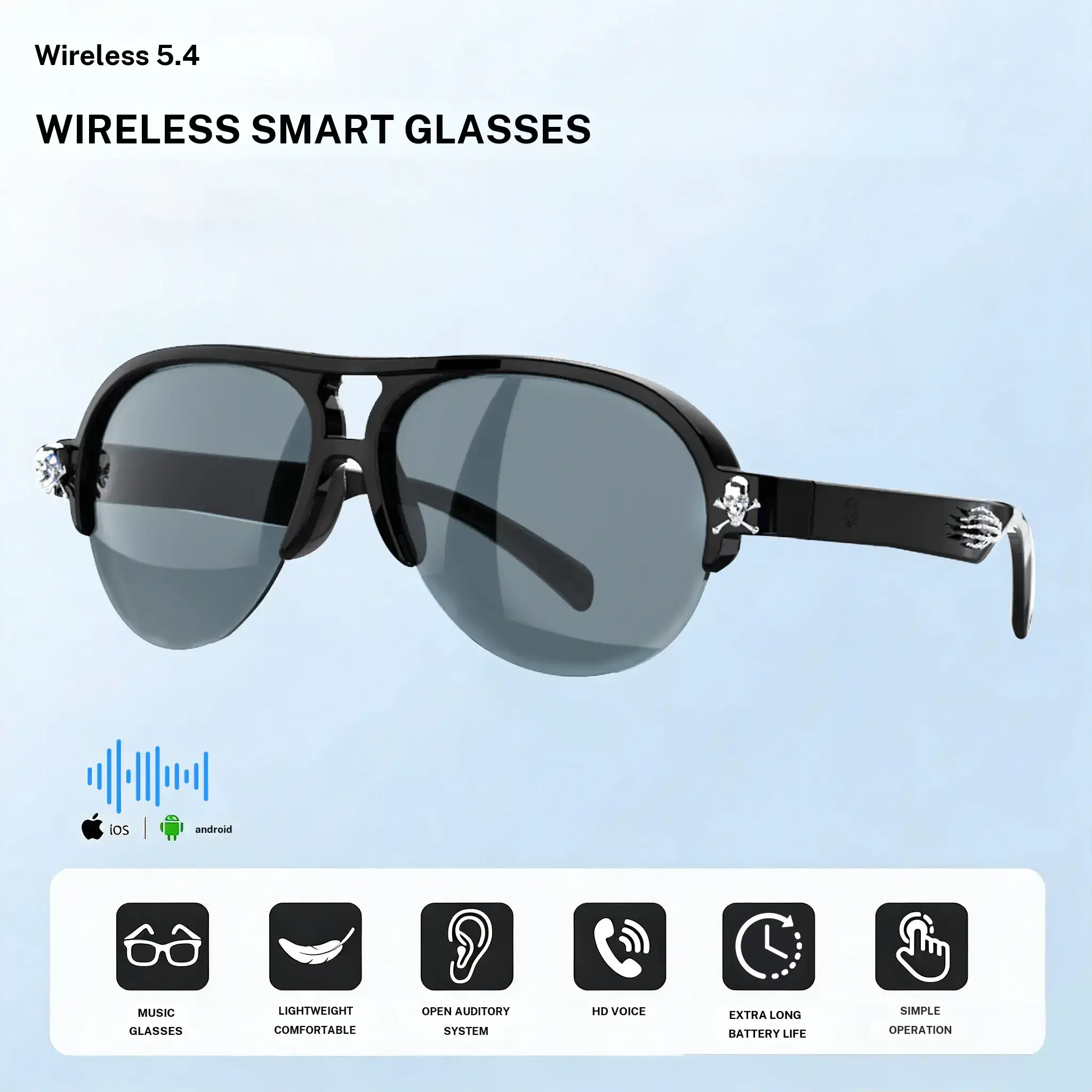 DVKIX 2026 Modern Wearable Smart Glasses - Skull Decoration, Antiblue Light Eye Care, Voice/Phone Call, Music Player, Long-Lasting Batteries, Bluetooth Speakers Compatibility, Tablet Sync, Ideal for Work, Cycling, Father's Day Gift