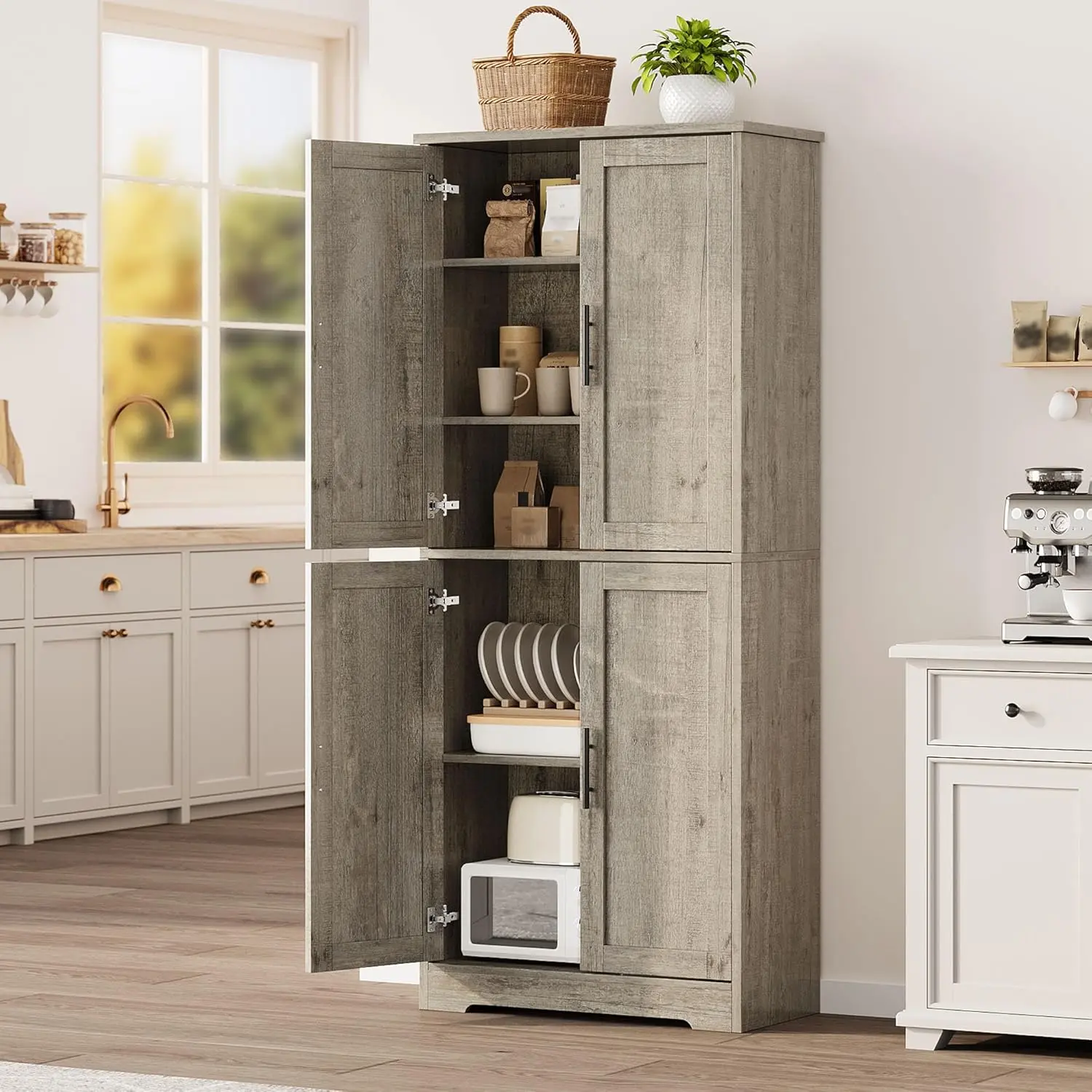 Garvee Modern Tall Freestanding Pantry Storage Cabinet - 70 Inch Wooden Cupboard with Doors, Adjustable Shelves, Utility Hutch for Kitchen, Living Room, Dining Room, Bathroom, Grey