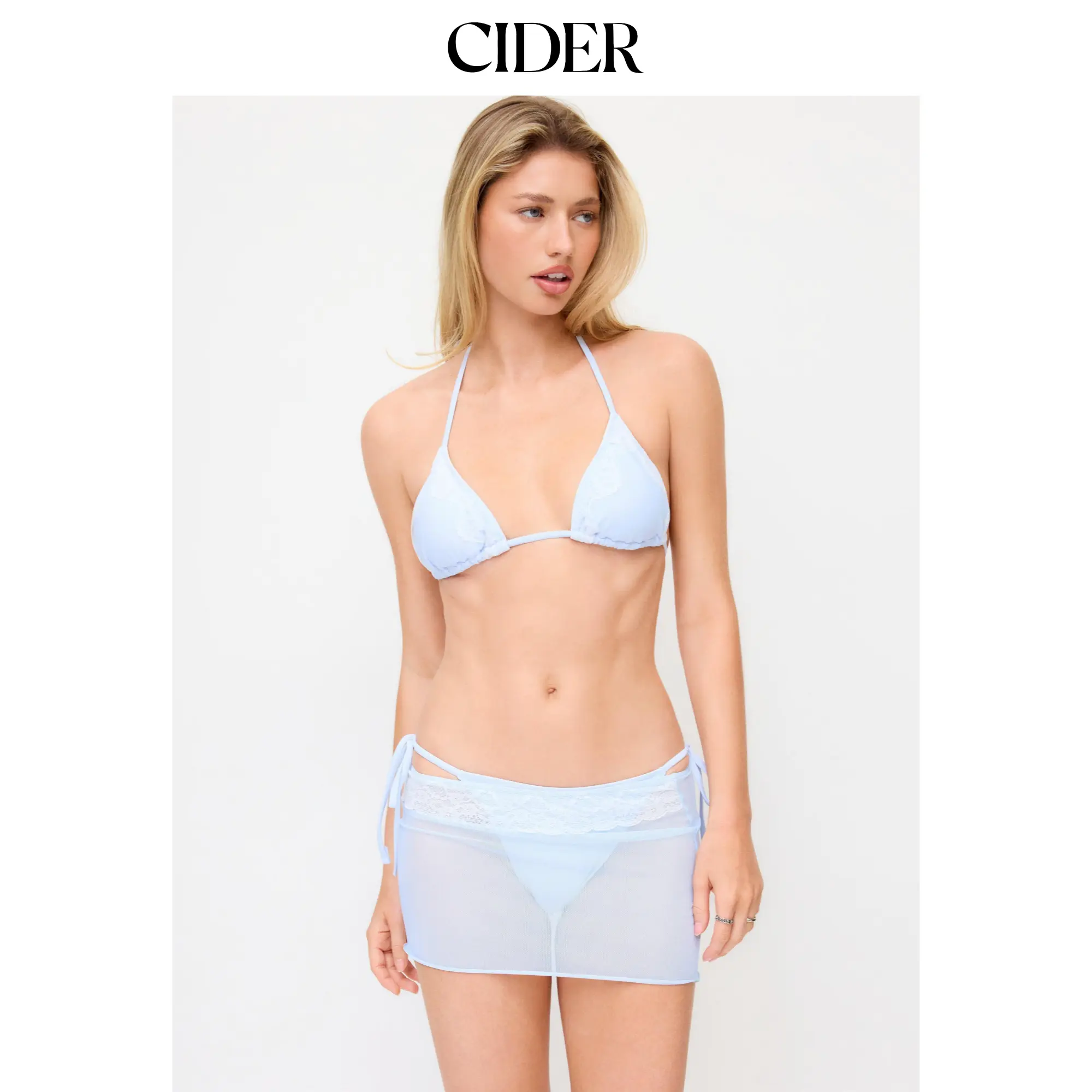 Cider Halter Neckline Lace Panel Tie Side Triangle Bikini Set With Mesh Lace Skirt