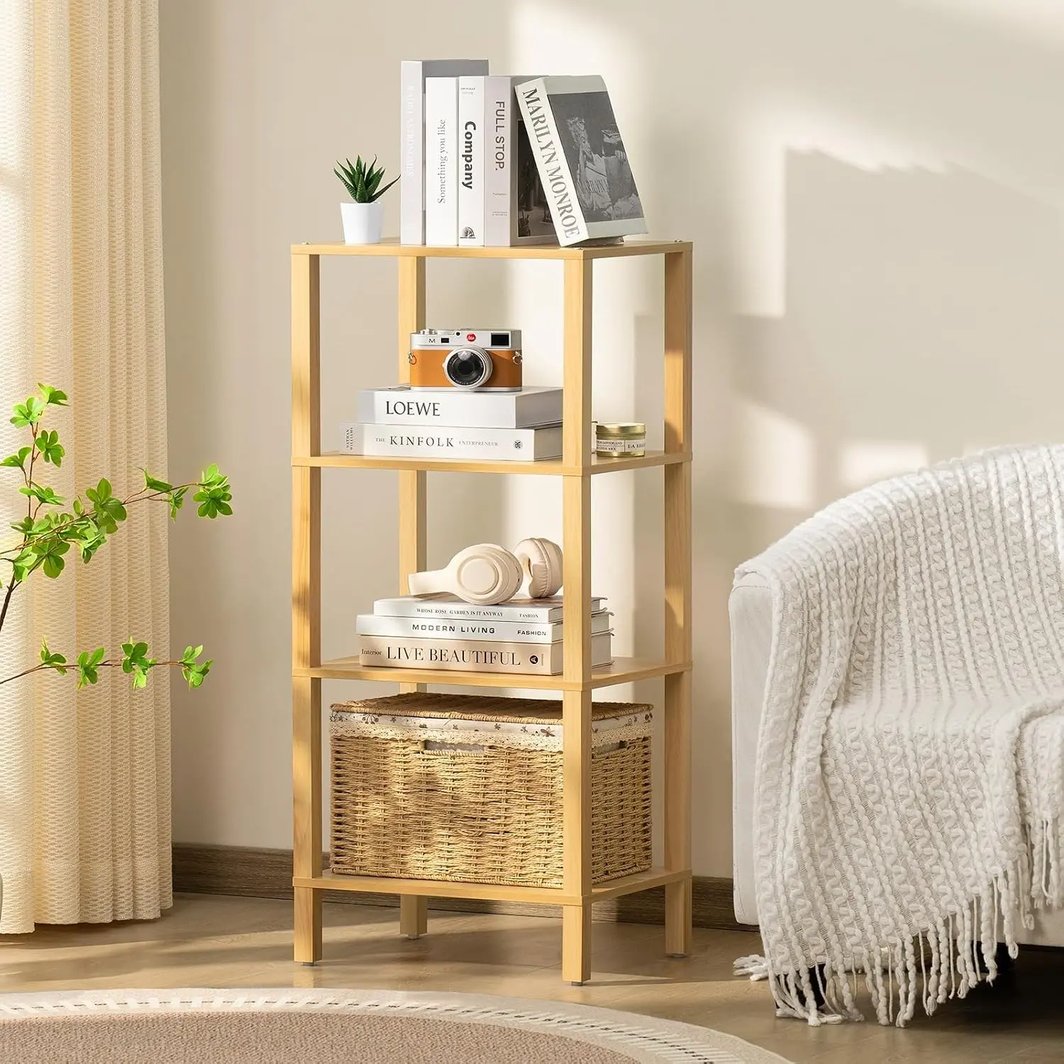 4-Tier Tall Industrial Minimalist Bookshelf Organiser - Small Decorative Storage Shelf for Living Room, Office, Bedroom