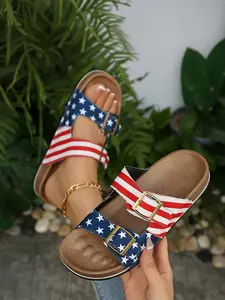 American Flag Print Double Buckle Slide Sandals, Open Toe Flat Casual Cork Footbed Slides, Non Slip Summer Outdoor Women's Shoes for 4th of July