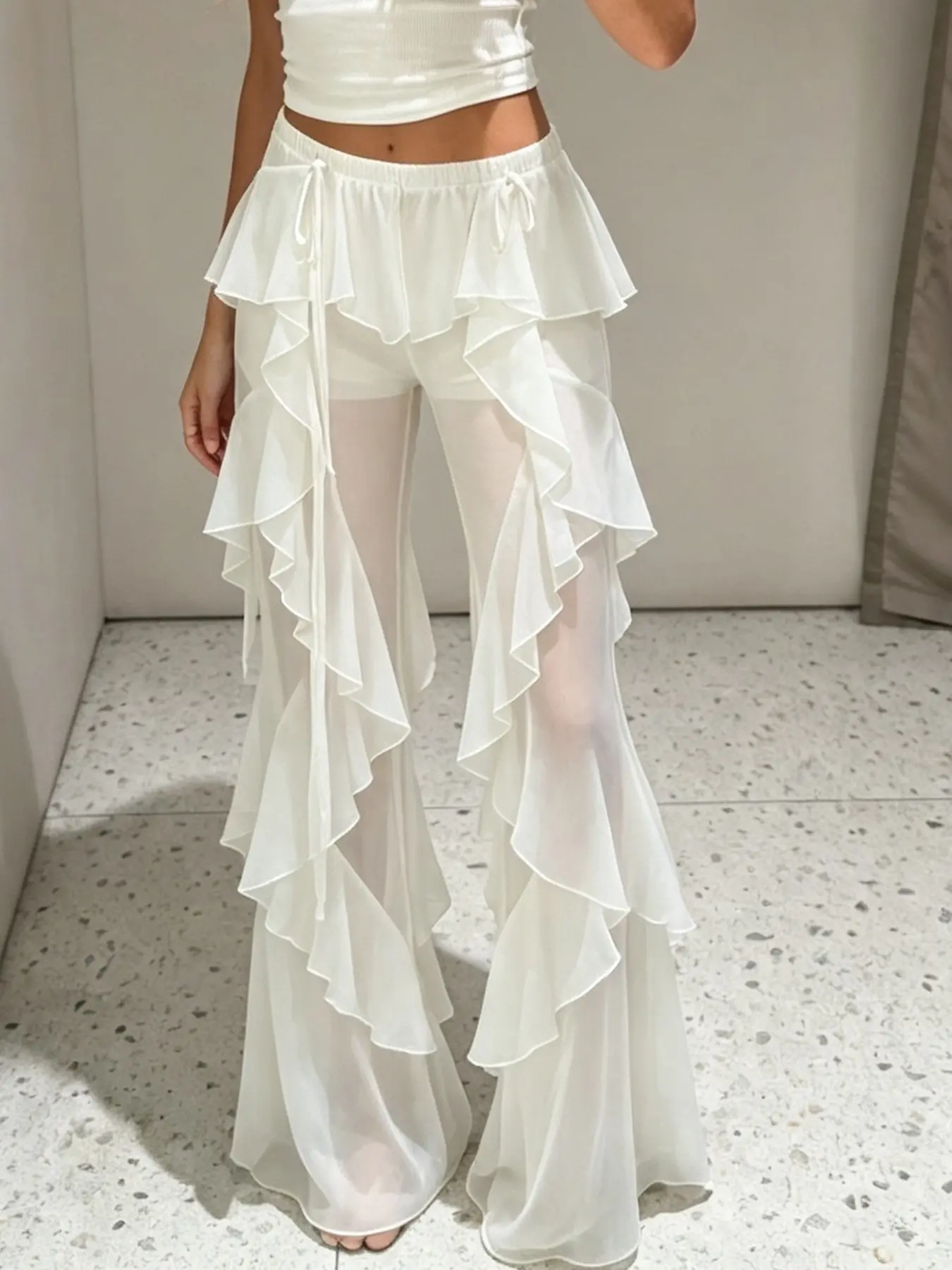 Women's Sheer Mesh Ruffle Hem Pants, Boho Casual Trousers, Low Waist Tie Belt Sexy Vacation Beach Party Shorts, Summer Fashion Casual Wear