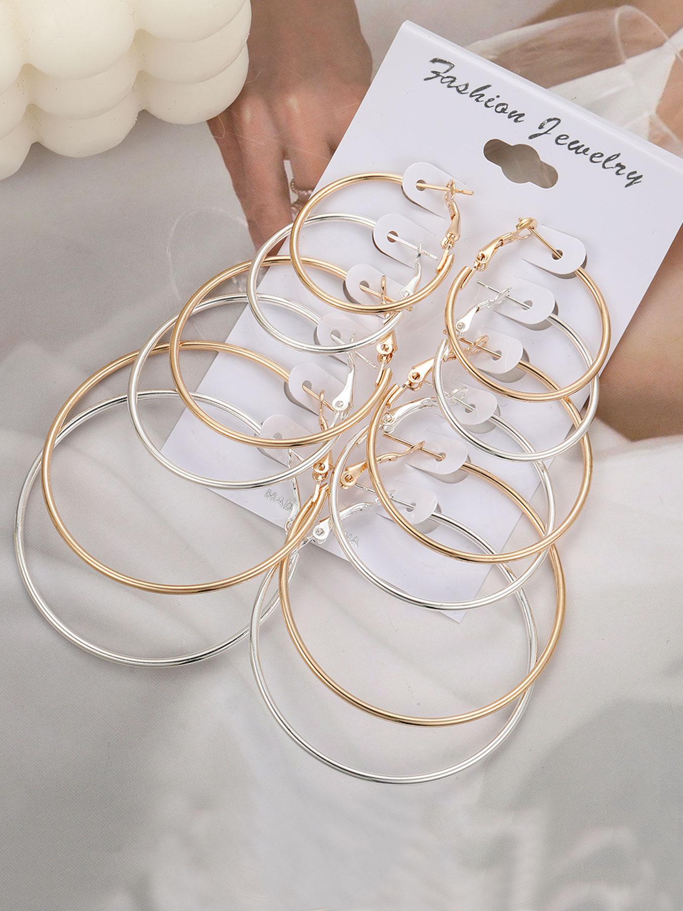 6 Pairs Mixed Size Simple Plain Round Design Hoop Earrings, Elegant Minimalist Earrings, Elegant All-match Jewelry for Girls Gift, Casual Versatile Party Accessories for Women