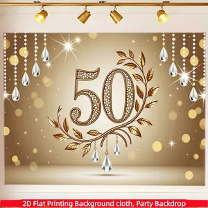 50th Anniversary Banner, Luxurious Leaf and Light Spot Print Wall Decor, Polyester Material, Multiple Sizes Available
