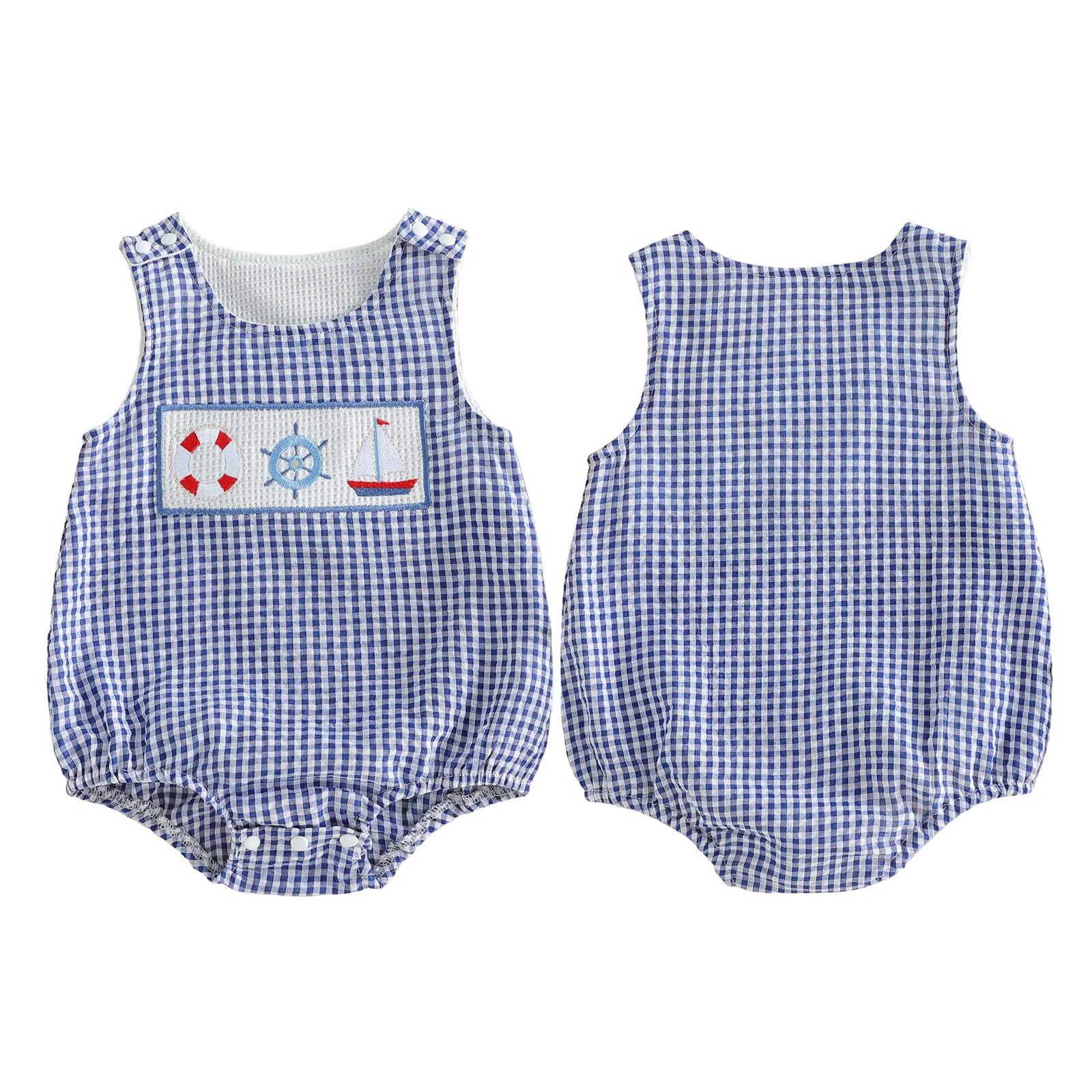 Baby Boy Bubble Romper Sailboat/Sea Animal Overalls Sleeveless Gingham Plaid Bodysuit Vacation Summer Outfit