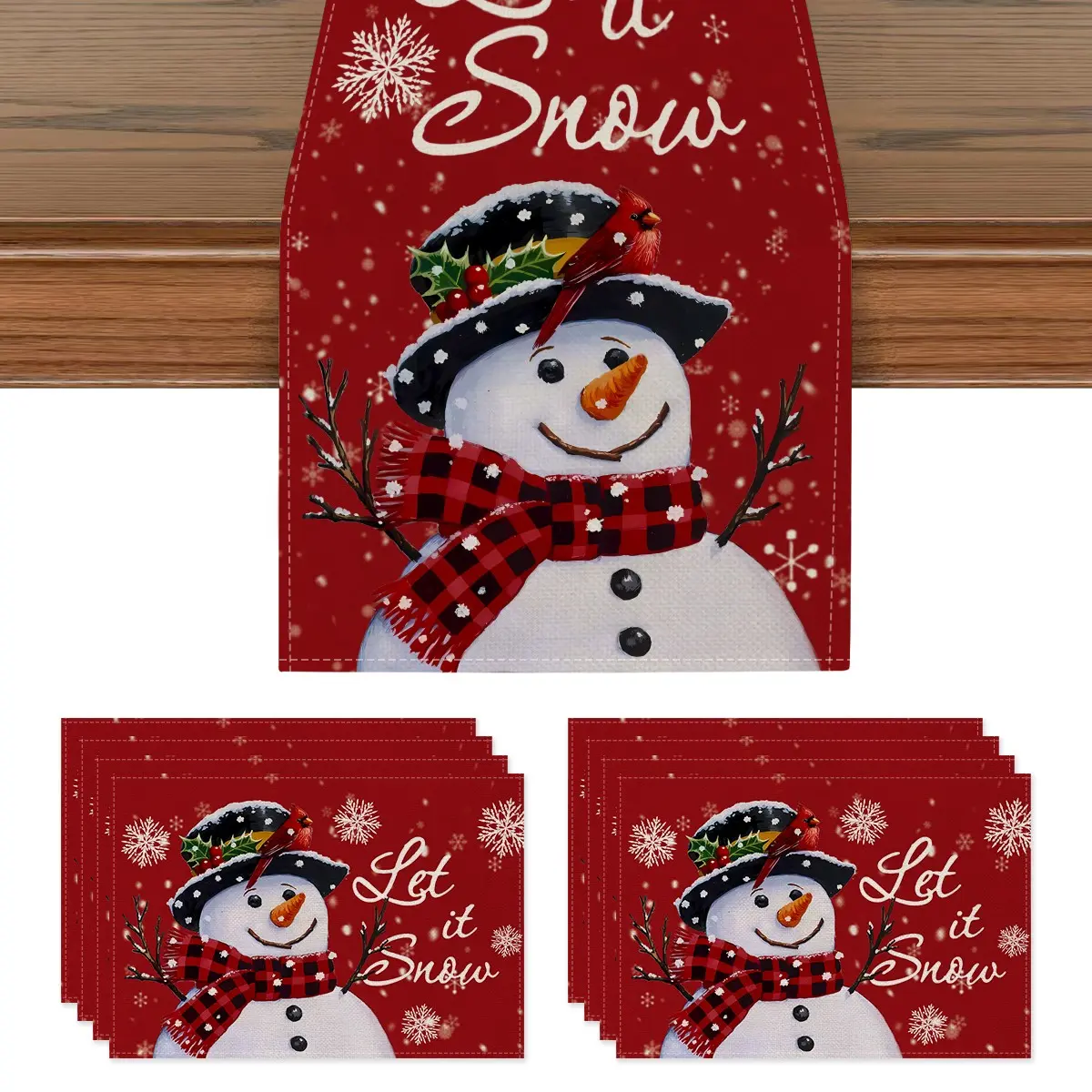 Christmas Table Runner and Placemat Set, Snowman Snowflake Design, Perfect for Thanksgiving, Kitchen, Dining Room, Home Decor