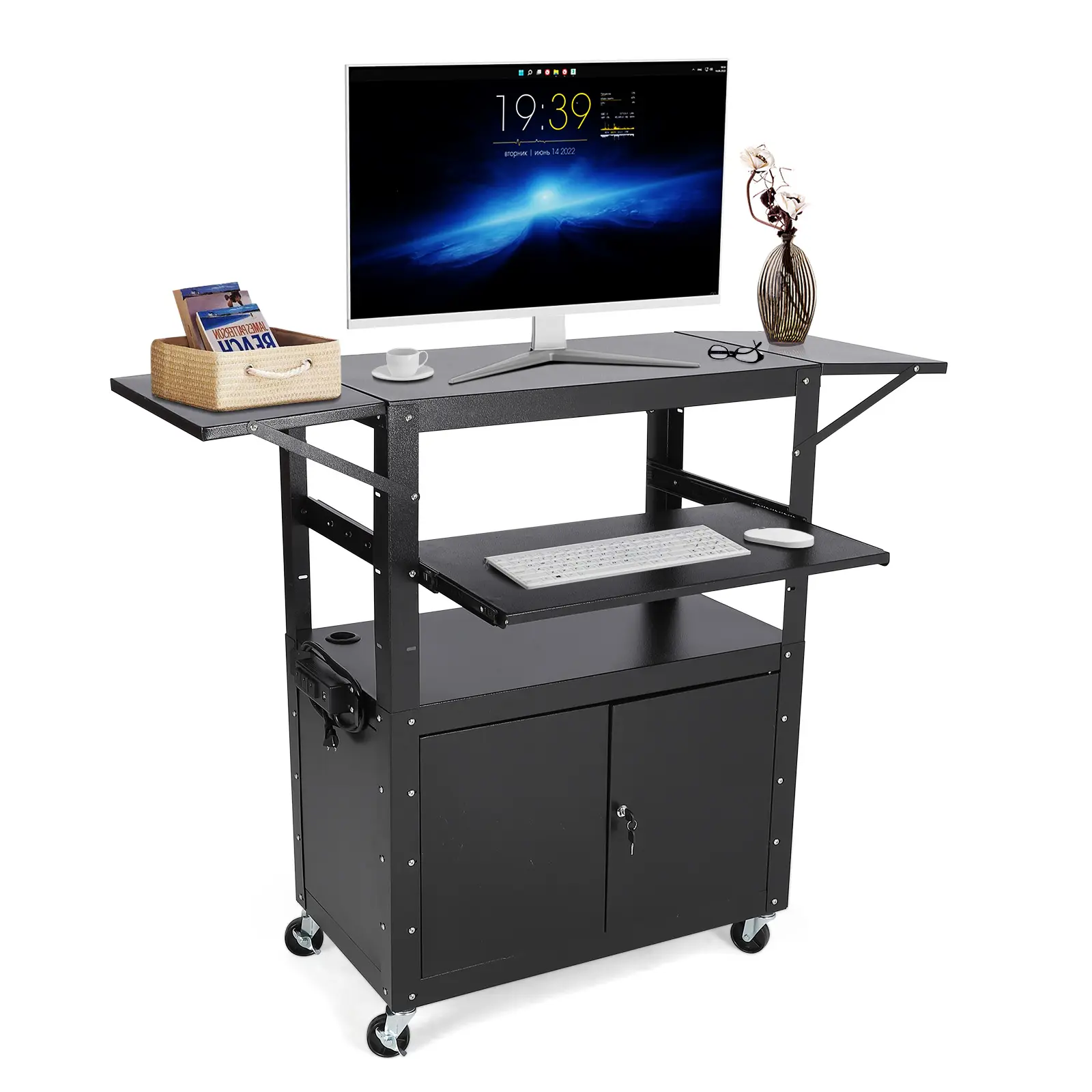 Rolling AV Cart, Mobile Utility Cart with Locking Cabinet, Adjustable-Height Pullout Keyboard Tray and Wheels Power Strip