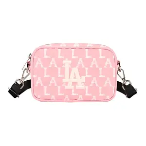 MLB Monogram Crayon LA Dodgers Nylon Crossbody Bag for Men and Women, Casual Style in Sakura Pink