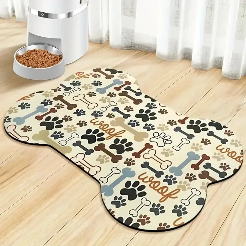 Non-Slip Rubber Pet Feeding Mat, Water-Proof Anti-Drip Design, Durable Easy-Clean Training Pad, Fun Bone & Paw Print Pattern, Ideal for Puppies