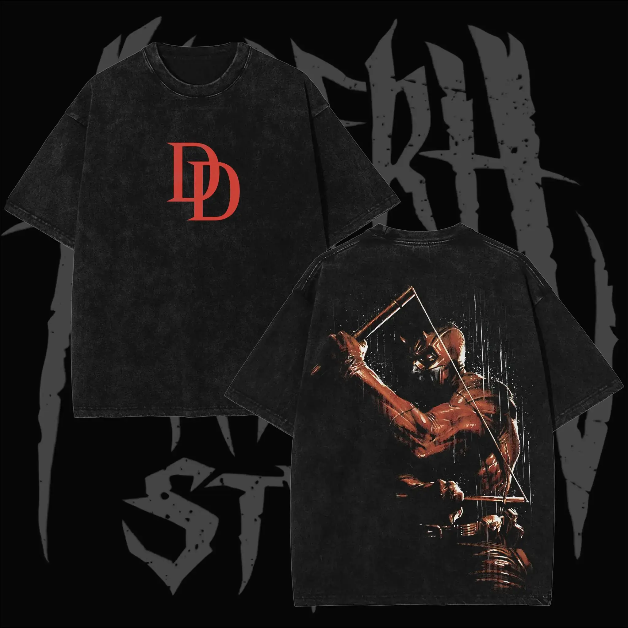 Unisex Oversized Retro Daredevil Cotton-Blk T-Shirt - Front Interlocking Red DD Logo Print, Back Rainy Night Billy Club Fighting Hero Portrait, Heavyweight Cotton Apparel, Relaxed Fit, Seamless Shortsleeve, Ideal Gift for Fans