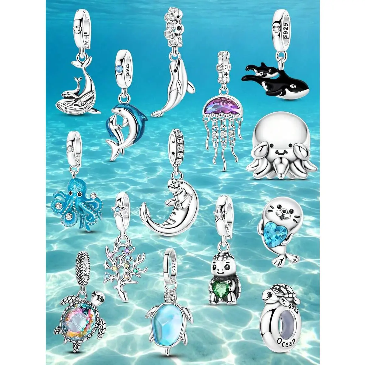 Silver Plated Ocean Animal Charm, Whale Dolphin Turtle Jellyfish Seal Dangle Pendant, Fits Bracelet Necklace, Marine Life DIY Jewelry Gift For Women
