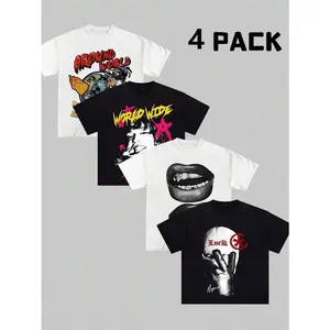 4-Pack Oversized Streetwear T-Shirt Set, Soft Cotton Round Neck Unisex Casual Tees, Retro "Around the World" & "World Wide" Graphic Bundle, Bold Lip & Ski Mask Prints, Versatile Alt & Hip-Hop Style Apparel for Outdoor Trips & Daily Street Styling