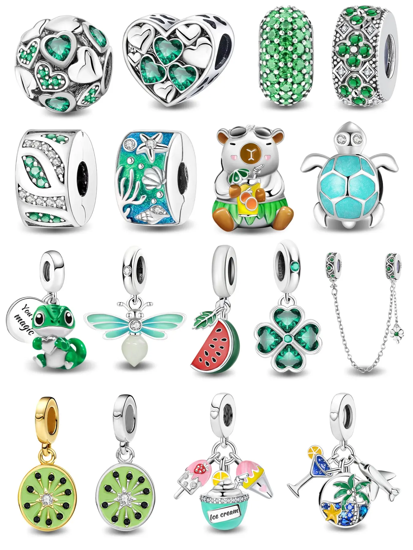 Fresh Summer Themed European Spacer & Dangle Charms with Turtle Frog Dragonfly and Citrus Motifs in Copper for Women’s DIY Beach Jewelry