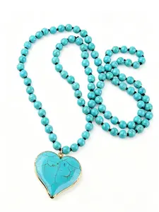 Women's Turquoise Heart Design Fashion Necklace, Boho Vintage Layered 86-88cm Chain, Hypoallergenic Jewelry, Holiday Gift, Beach Vacation Accessory
