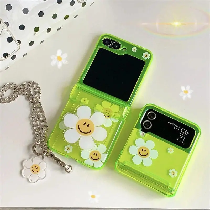 Shockproof Smartphone & Cellphone Case for Samsung Galaxy Z Flip 7 FE, 6, 5, 4, 3 - Fluorescent Green Cover with Insert Cards, Cute Flower Stand, Bracelet, Ethnic Expressionism, Hyperrealism Art Design, Protection