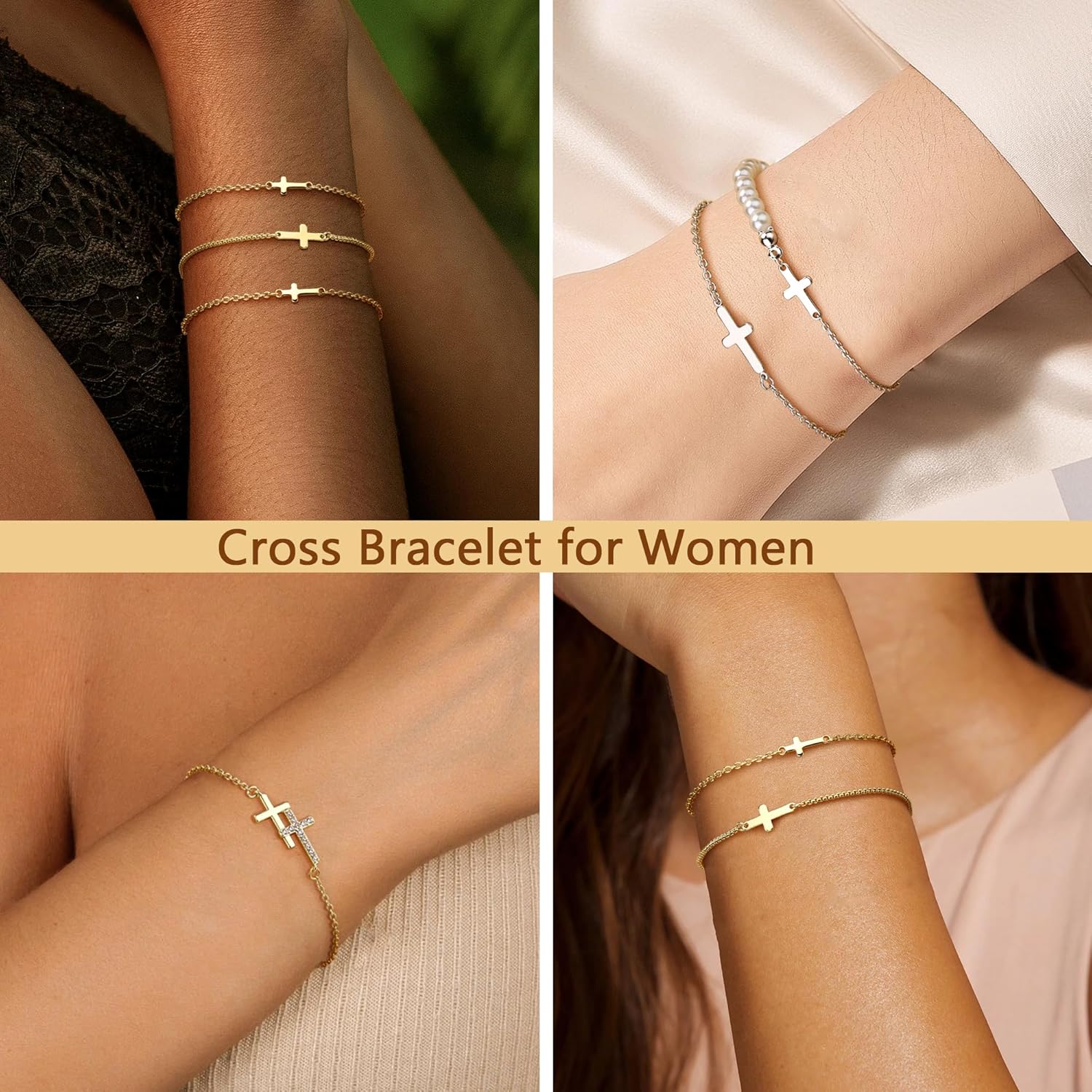 CASSIECA Gold Plated Cross Bracelets for Women 14K Gold Plated Bracelet Cross Tennis Bracelet Stacking Adjustable Cubic Zirconia Chain Bracelets for Women Jewellery Gifts