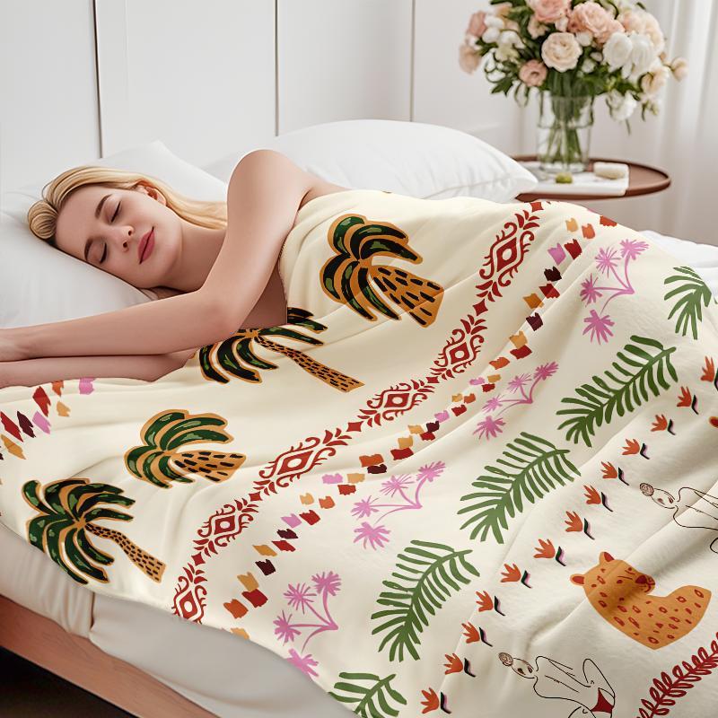 Boho Jungle Safari Blanket: Hand-Drawn Tropical Palm Tree & Leopard Throw With Tribal Vibes, Ultra Soft Plush Fleece Blanket Printed In USA For Boho Home Decor Lovers