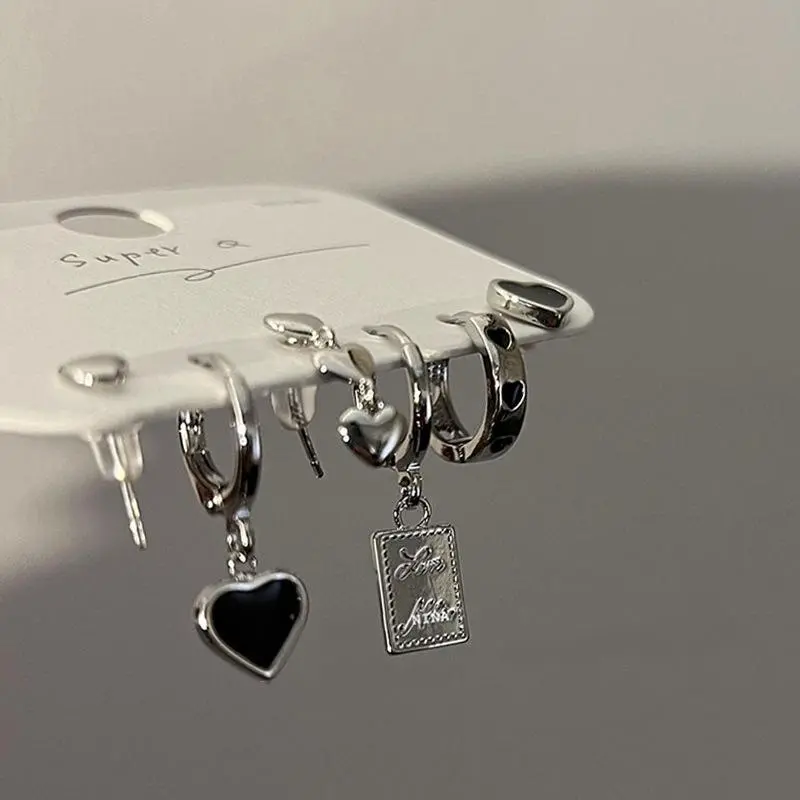 Vintage Silver Color Tassel Chain Love Heart Earrings Set Irregular Geometric Cherry Hoop Earrings for Women Jewelry Gifts