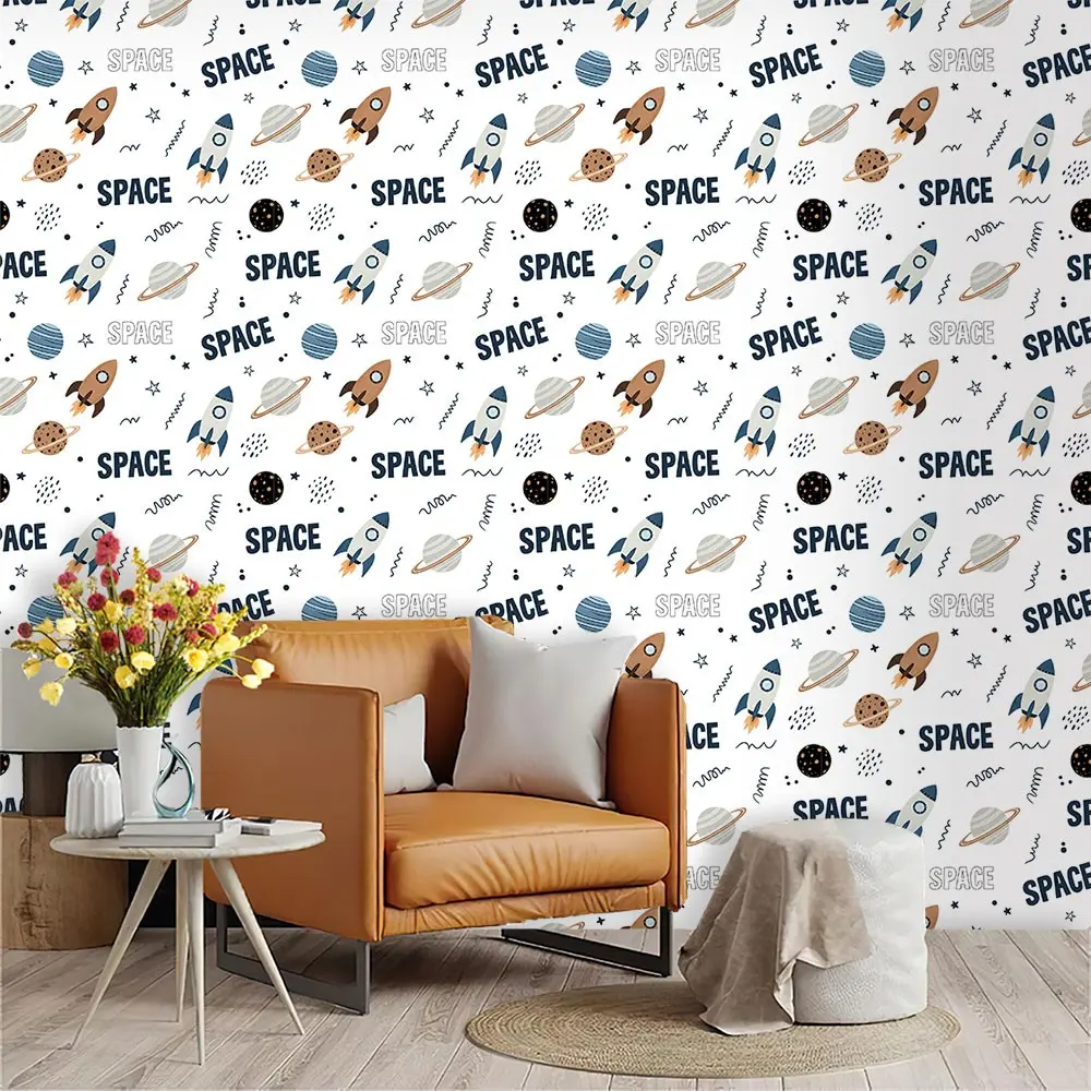 Space Theme Flat Cartoon Wall Paper, PVC Material, Peel and Stick, Mould-Proof, for Living Room, Kitchen, Bedroom, Large Area Decoration