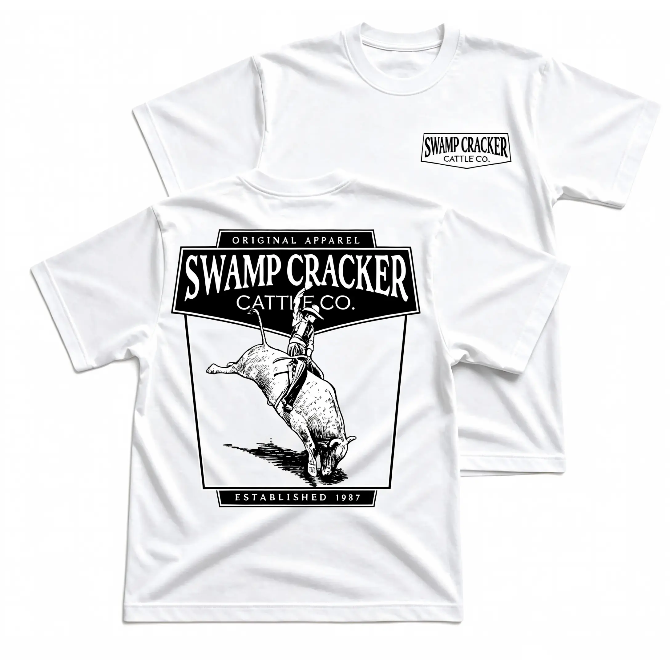 Swamp Cracker Cattle Co Bull Riding T-Shirt, Rodeo Cowboy Graphic Tee, Western Bull Rider Back Print Shirt, Front Chest Logo Ranch Apparel, Bucking Bull Country Western Tee, Rodeo Fan Gift For Cowboy Men Women
