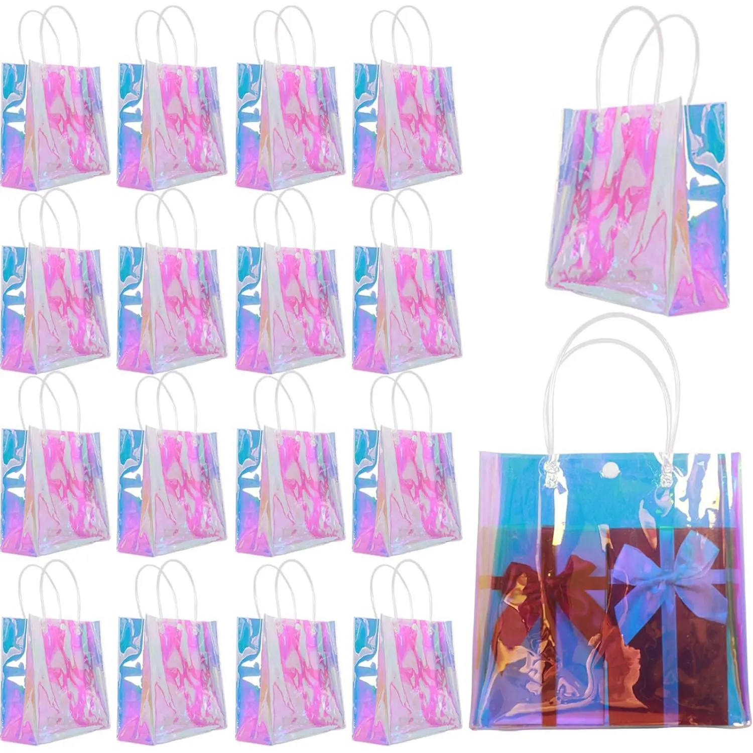 18-Count PVC Plastic Holographic Small Gift Bags (7.9x7.9x3.1 in), Iridescent Party Favor Bags with Handle for Women's Bachelorette & Christmas Events (Office Supplies Wrapping Solution)