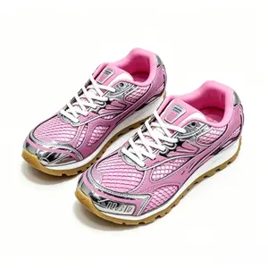 2026 new Barbie-Pink Grid Mesh Retro Sneakers | Silver Metallic Overlays, Slip-Resistant Gum Outsole Unisex Streetwear & Workout Shoes