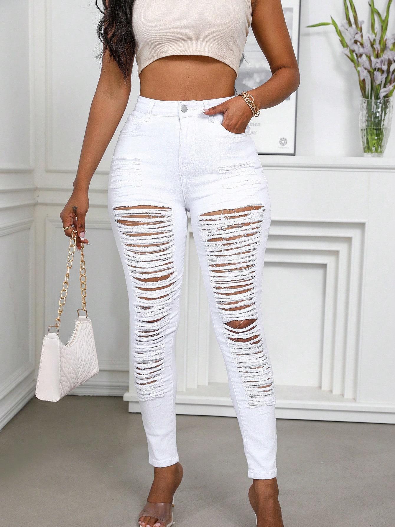 High Waist Extreme Ripped Skinny Jeans | Heavy Distressed Destroyed Denim | Sexy Cut-Out Pants for Women 2026