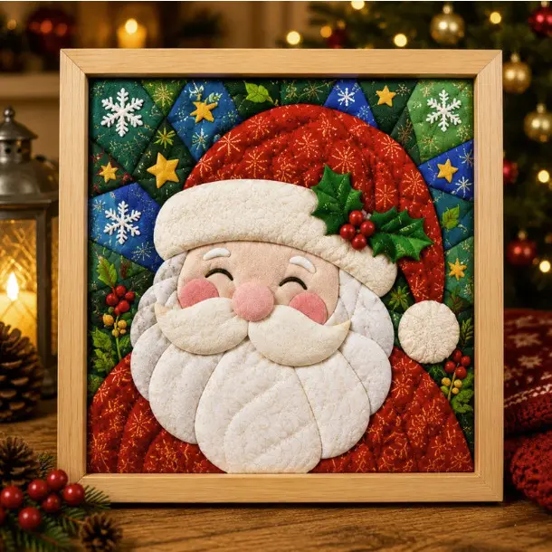 Felt Quilted Santa Claus Framed Wall Art Christmas Home Decor Festive Picture Frame Ornament for Living Room Bedroom Holiday Party Xmas Gift for Family Friends