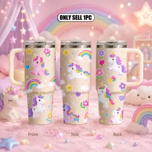 Kawai Rainbow Unicorn Dinosaur Vacuum Flasks 40oz 3rd Gen Vacuum Insulated Tumbler with Handle & Straw Lid, Leak-Proof Stainless Steel Travel Mug for Water, Coffee, Gym, Office, Car Cup Holder