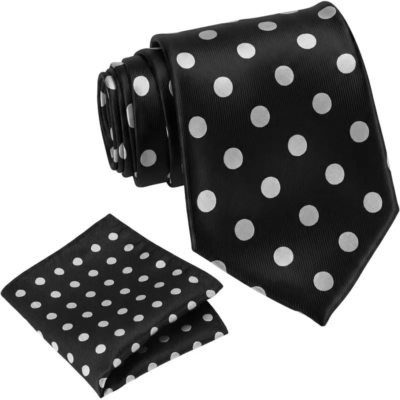 Men's Classic Skinny Polka Dot Tie Set with Pocket Square - Black and White, Smooth Fabric, Neat Construction, for Formal Events, Groom Groomsmen Attire