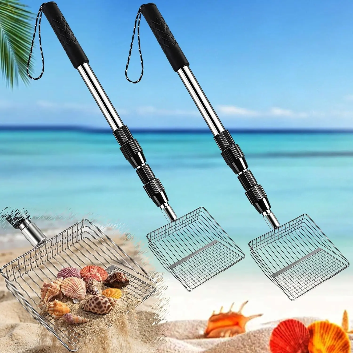 Upgraded 2Pack Shark Tooth Sifter Shell Scooper for Beach Sand Sifter Shovel Shelling Tools with Adjustable Stainless Steel Long Handle for Easy Digging