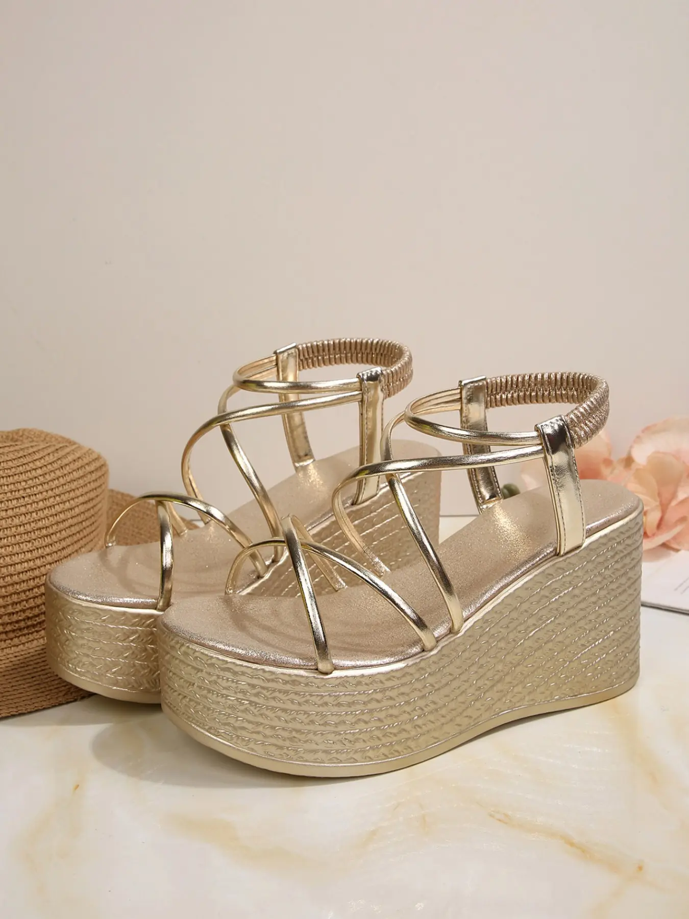 Women's Thin Crisscross Straps Elastic Ankle Strap Espadrille Casual Wedge Platform Sandals Open Toe Soft Contoured Cushioned Insole Beach Summer Footwear Two Colors Black Metallic Gold Fashionable Wedge Shoes Espadrilles Wedges
