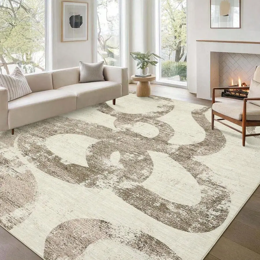 Modern Abstract Waves Area Rug - Cream Taupe Organic Wavy Faux Wool Carpet, Soft Non-Slip Machine Washable Indoor Floor Covering, Stain-Resistant Low Pile Aesthetic Decor for Living Room, Multi-Size Options