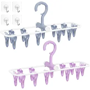 2 Pack Folding Portable Clothes Drying Hanger with 12 Clips, 360° Rotatable Hook Drying Rack for Drying Towels Bras Baby Clothes Gloves, Blue&Purple