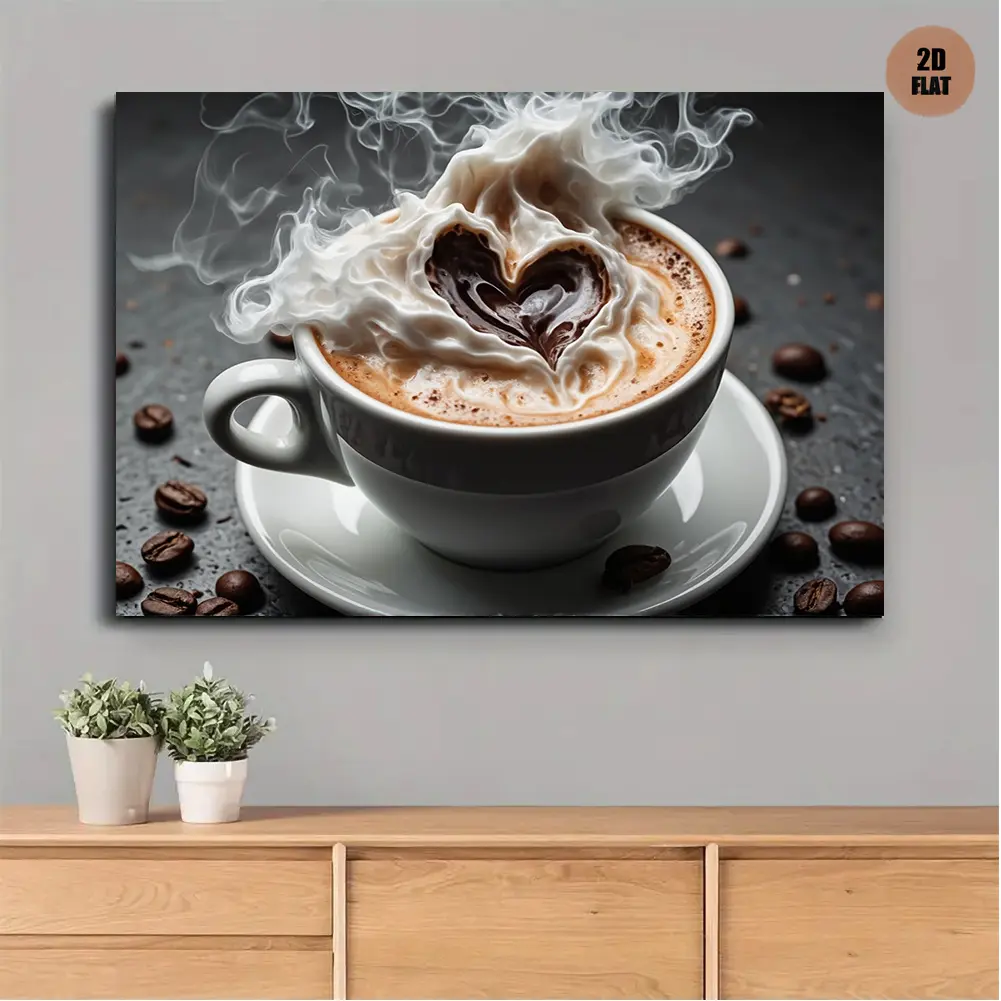 1 piece vintage coffee latte art poster - Heart-shaped cappuccino cup with steaming milk foam, dark brown coffee beans - Ready-to-hang canvas wall decor for kitchen, living room, cafe - Valentine's Day, wedding, housewarming gift - Minimalist coffee decor