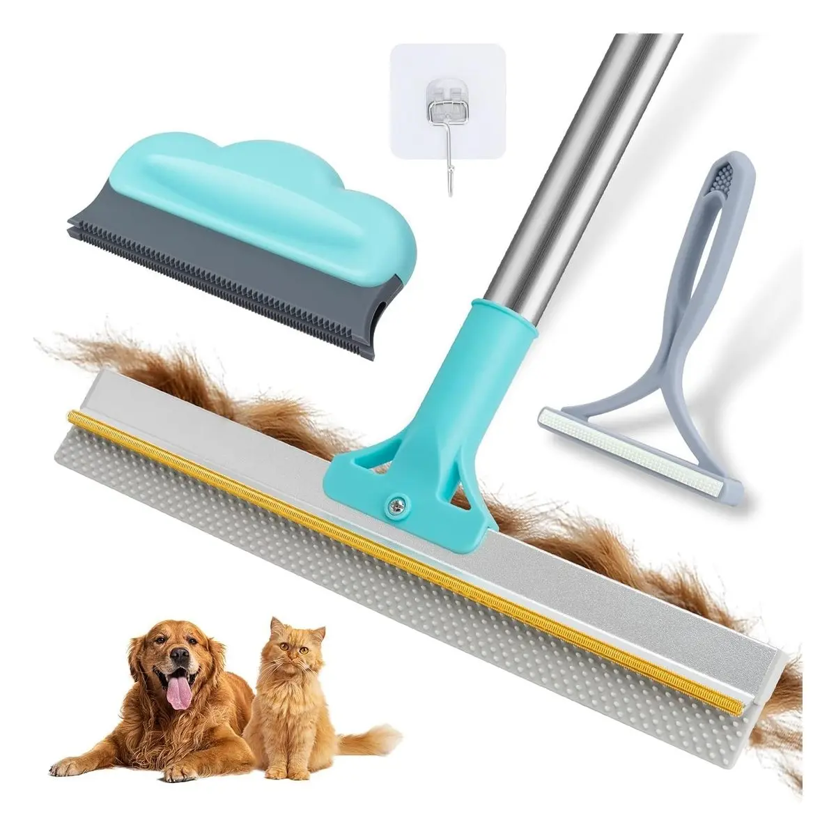 Metal Pet Hair Removal Carpet Rake - 54in Adjustable Long Handle Reusable Broom Scraper, 3-Piece Brush Set for Deep Cleaning Rugs, Upholstery, Clothes