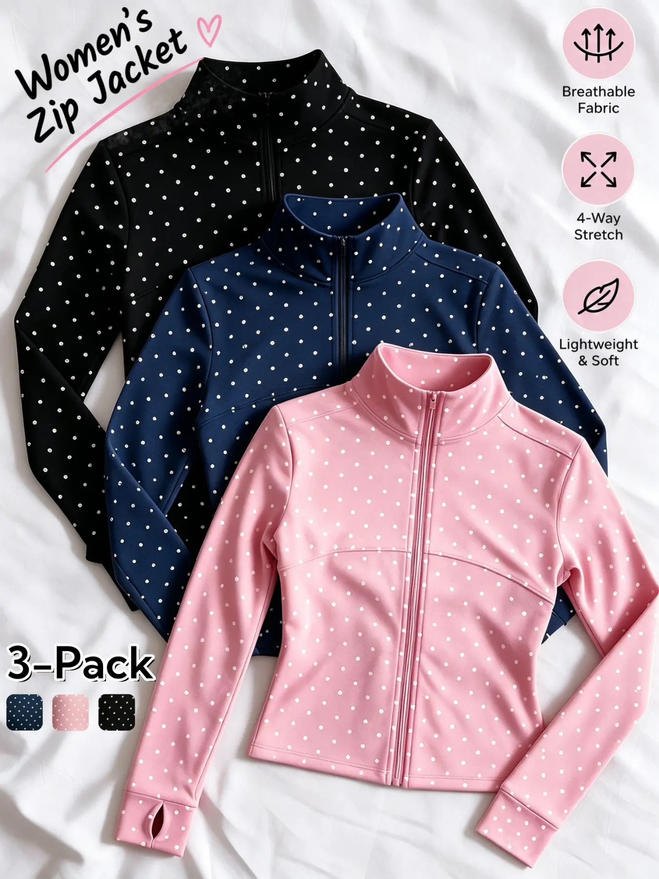 3 Pack Women's Polka Dot Zipper Thumb Hole Sport Jacket, Quick-Dry Breathable Long Sleeve, Breathable Workout Jacket, Outdoor Indoor Sports Wear, Yoga Jacket