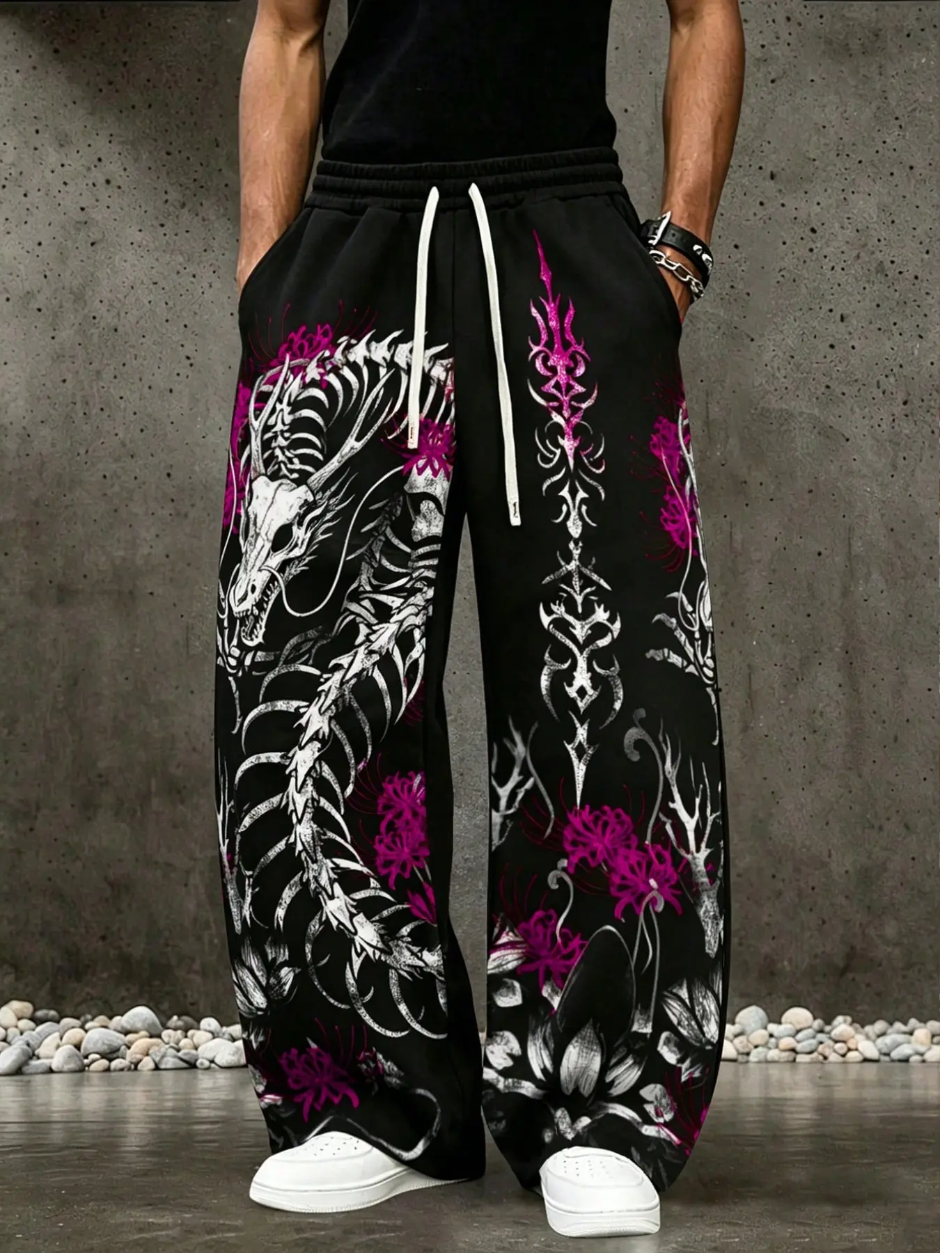 Men's Graphic Dragon Skeleton & Magenta Floral Printed Wide Leg Sweatpants | Loose Drawstring Streetwear Trousers | Trendy Cyberpunk Casual Versatile Joggers