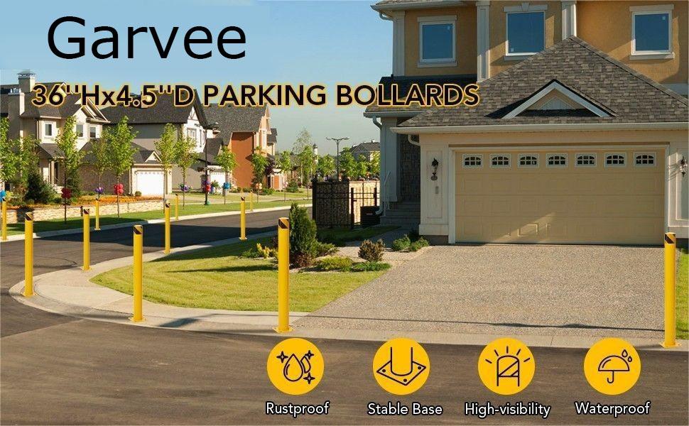 Garvee Safety Bollards 6 Packs, Garvee 91.4 cm Height Bollard Posts, 11.4 cm Diameter, Yellow Steel Safety Bollard with 24 Anchor Bolts, for Traffic Control, Driveway Blockade, Parking Pole