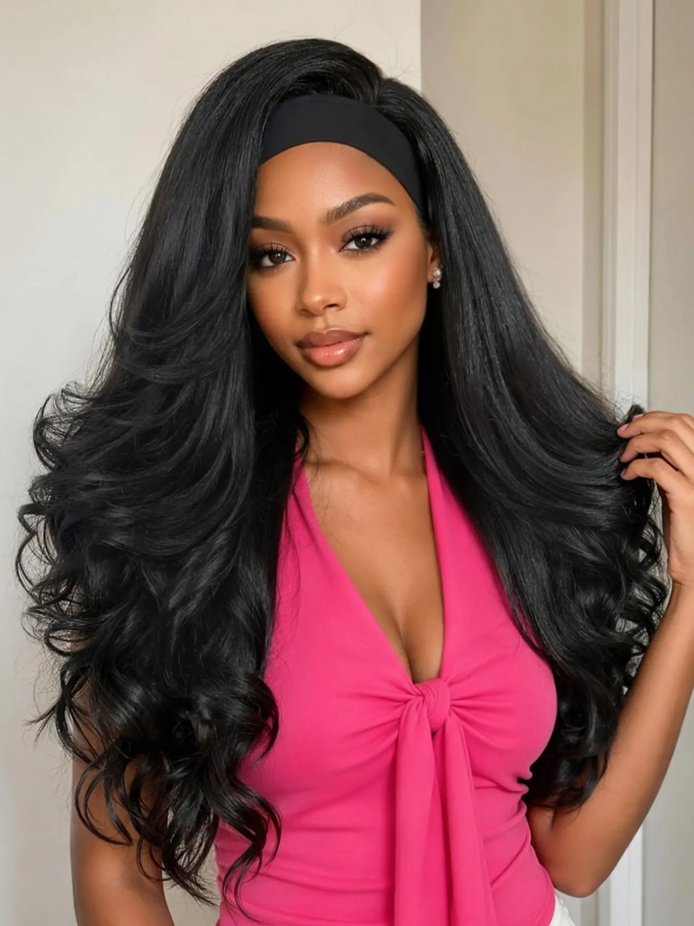 Long Yaki Wavy Curly Headband Wigs for Women, Glueless 26 Inch Layered Wavy Synthetic Hair Wig, Beginner Friendly, Daily and Party Use
