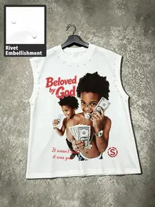 Men's Rivet-Decorated Sleeveless Vest, Beloved by God Graphic Tee, Hip-Hop Style Summer Casual Streetwear, Loose-Fitting Long Top
