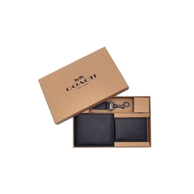 COACH Compact Casual Keychain Wallet for Men – Genuine Calfskin Card Holder in Black