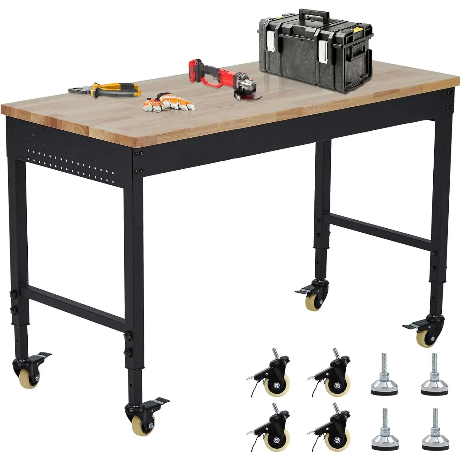 72"x25"x1.5" Heavy Duty Adjustable Workbench, Rubber Wood Top Work Table, 9ft ETL Power Strip, 2000LBS LBS Load, Lockable Swivel Wheels Height Adjustable Workshop Table, Multipurpose Rolling Workstation for Garage Industrial Workshop Home DIY Repair
