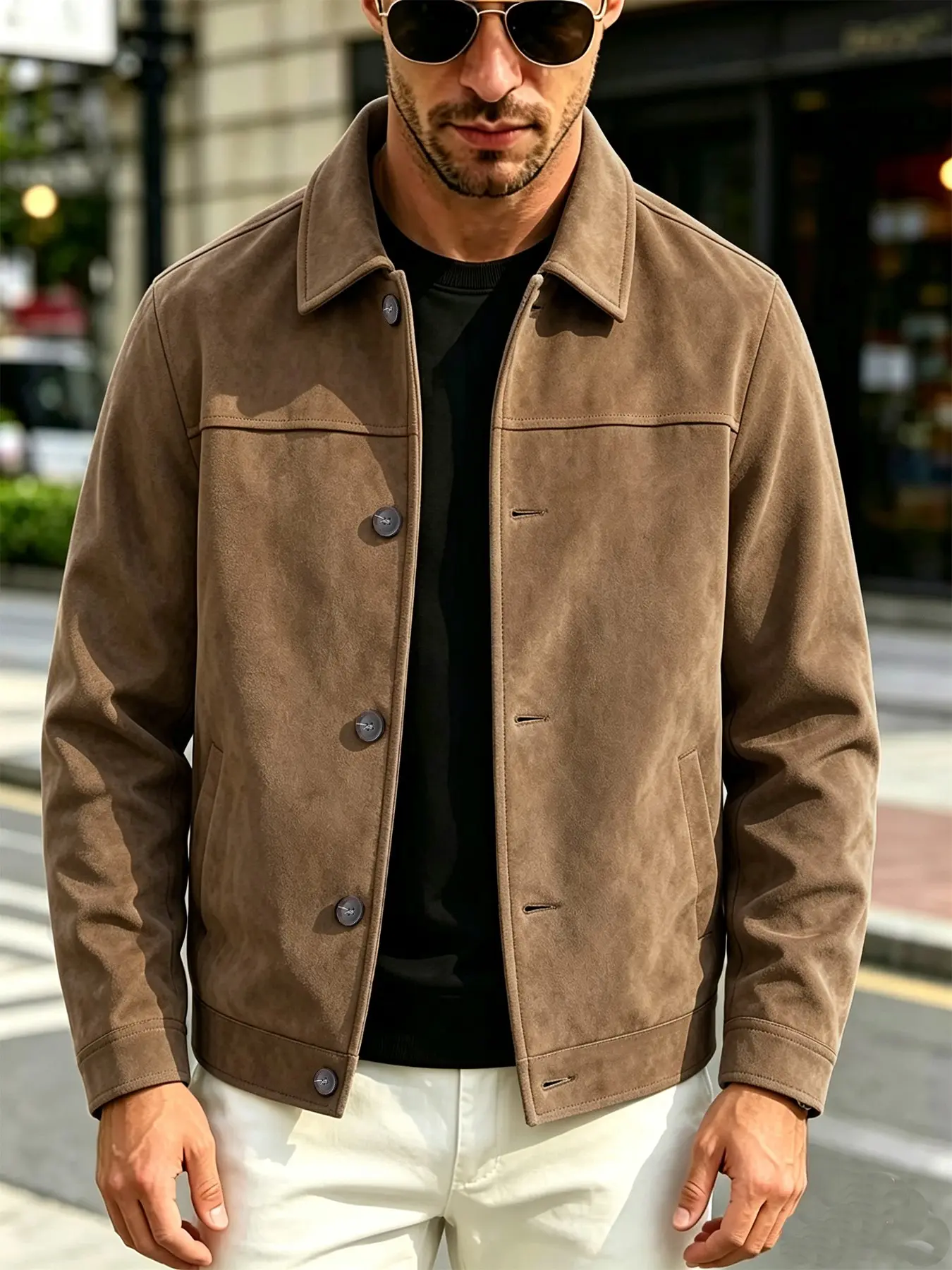 Men's suede casual jacket with button closure and side seam pocket design, light business collar jacket, easy to maintain fabric, suitable for daily life, work travel, and formal wear - Spring and Autumn