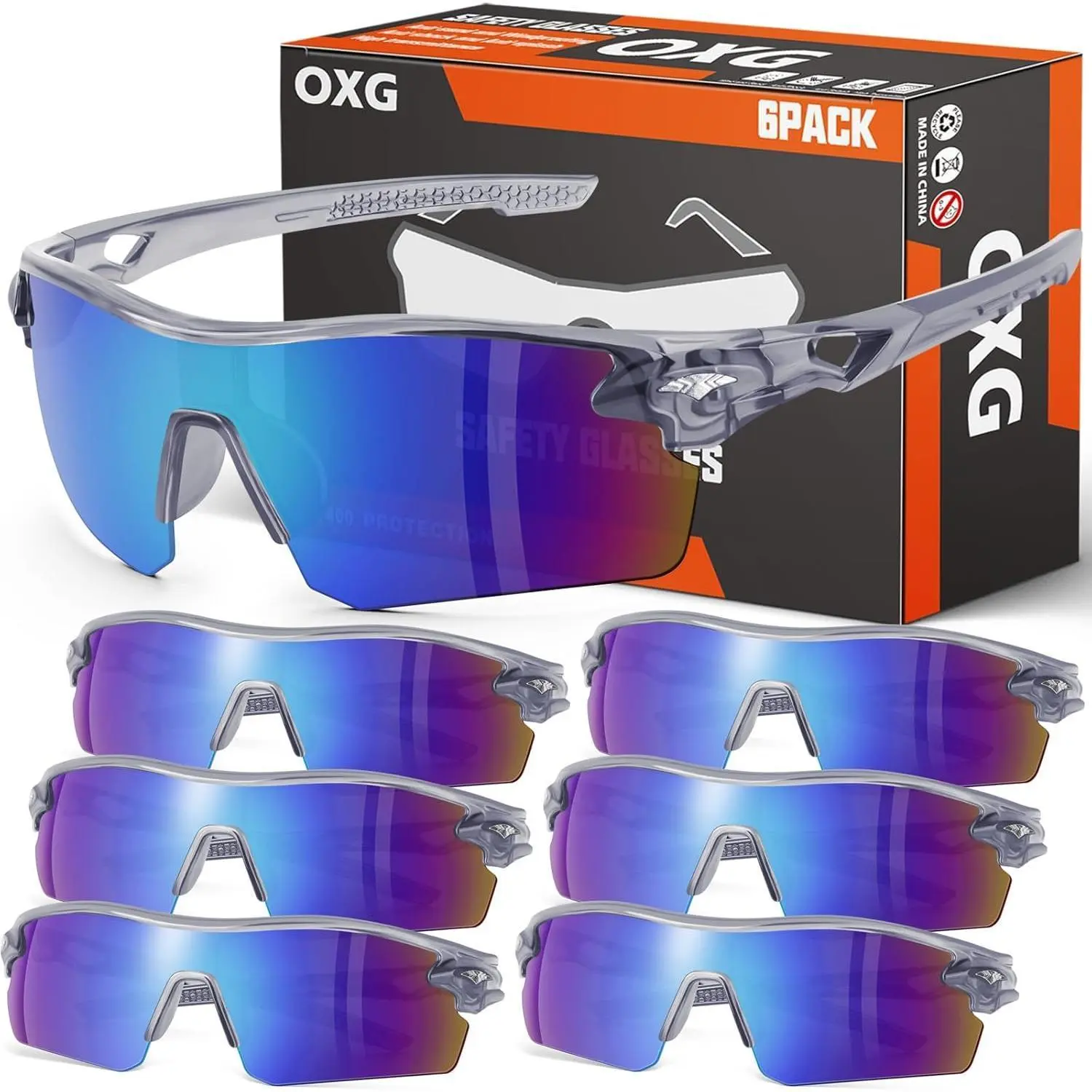 6-Pack Wraparound Safety Glasses, Unisex Polycarbonate Eyewear for Construction, ANSI Z87.1 Certified, Scratch-Resistant, UV400 Protection