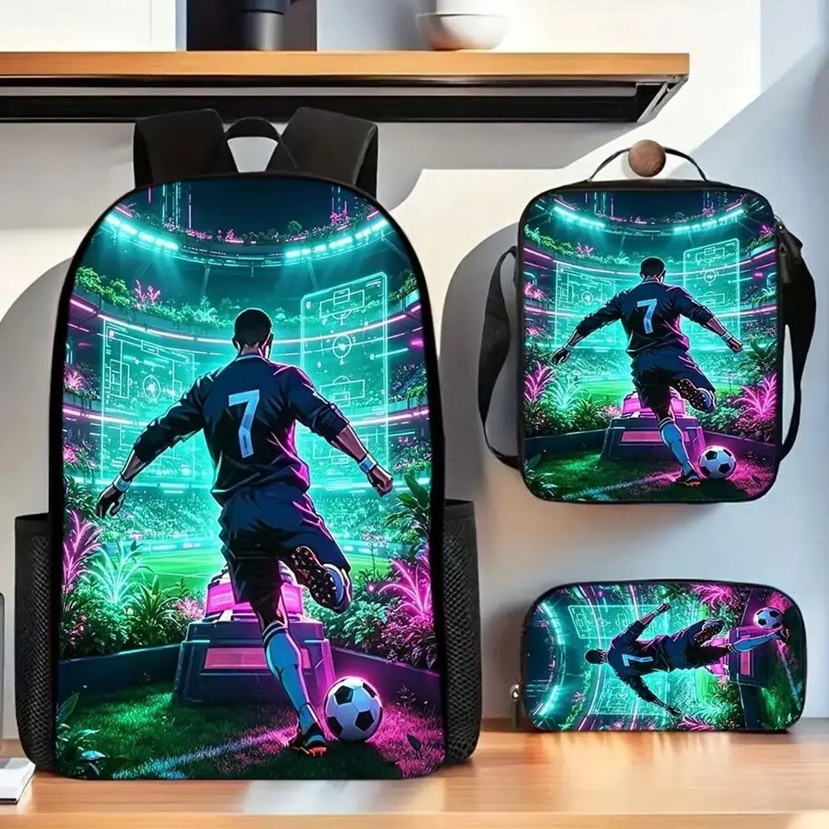 3pcs Neon Cyberpunk Pattern Backpack Set - 17 in Trendy Youth Sports Backpack, Adjustable Straps, Lightweight, Hand Washable, Zipper Closure for School & Outdoor Use