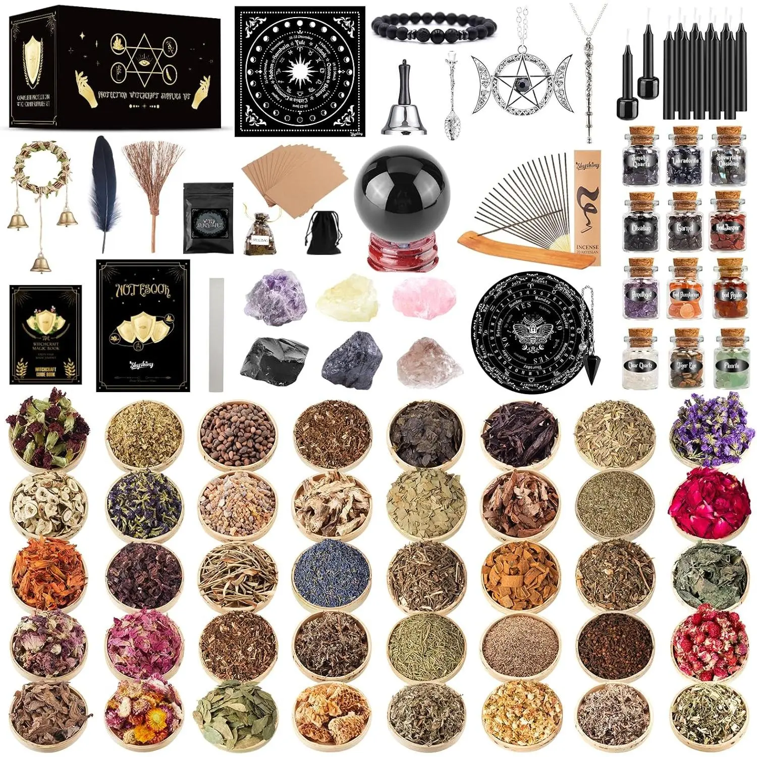 130-Pack Witchcraft Kit for Beginners with Real Crystals and Dried Herbs, Unisex Spiritual Protection Altar Supplies, Includes Witchy Keychain Accessory, Protection Kit, Stone, Adult