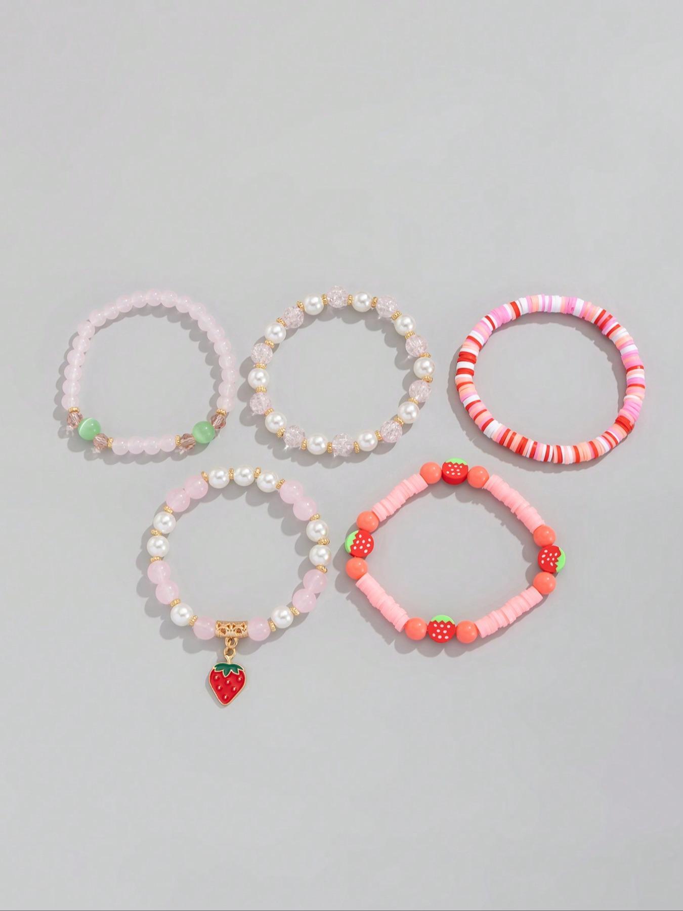 Women's Strawberry Pendant Crystal Beaded Bracelet Set, Cute Sweet Fashion Jewelry Gift for Women Daily Wear & Friends, Charm Bracelets