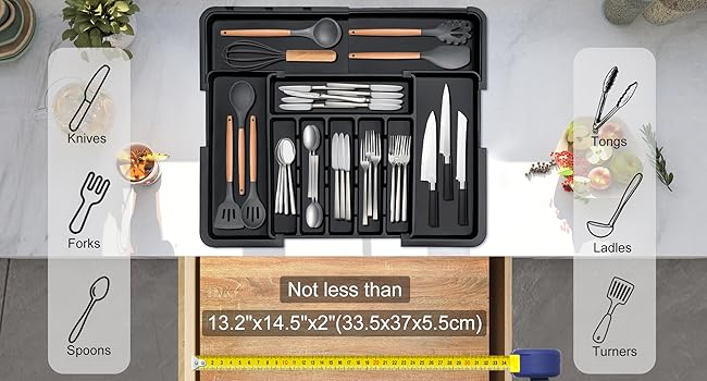 Plastic Kitchen Organizer and Storage-Silverware Organizer Expandable Kitchen Utensil Drawer Organizer Large BPA Free Adjustable Cutlery Silverware Tray for Spoons Forks Knives Storage Divider for Kitchen Flatware 6-9 Slots Black