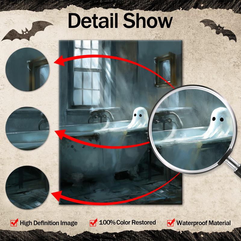 Ghost in The Bathtub Pattern Canvas Painting Framed, 1 Count Halloween Themed Modern Wall Art Painting, Wall Art Decor for Home Living Room Bedroom Office